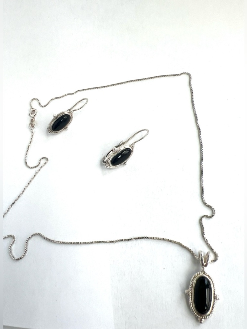 🇮🇹Vintage Italian 925 Sterling Silver Black Onyx Necklace & Earrings Set In Box